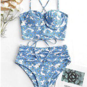 Floral Underwire Lace Up High Waisted Bikini